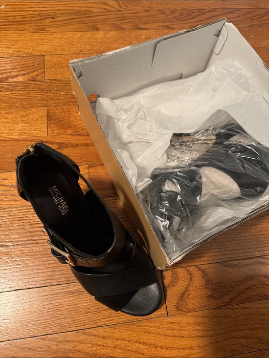 MICHAEL Michael Kors Shoes - MICHAEL Michael Kors Black Strappy Wedge Sandals with Gold Buckle